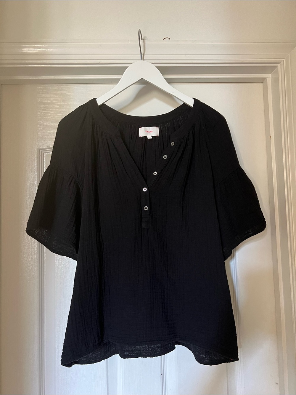 XiRENA Black Henley Peasant Blouse with Button Placket